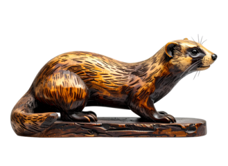 Rustic Hand-Carved Wooden Ferret Figurine with Textured Surface, Crawling Pose, Side