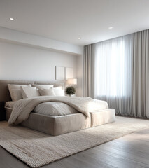 Fototapeta premium Modern white bedroom with large bed, soft bedding, cozy rug, natural light, and elegant curtains creates peaceful and inviting atmosphere