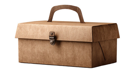 A sturdy, brown cardboard toolbox with a dark wood handle and metal clasp, isolated on black