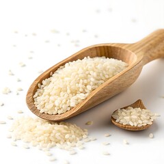 Wooden scoop filled with shortgrain rice isolated on white background, highlighting the texture and color of the grain, ideal for illustrating food, cooking, and healthy eating concepts