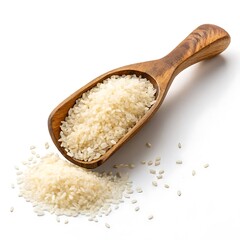 Wooden scoop filled with shortgrain rice isolated on white background, showcasing the texture and color of the grain, perfect for illustrating food, cooking, and healthy eating
