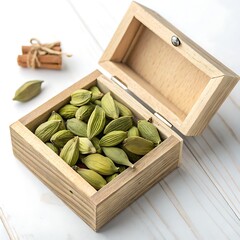 Aromatic cardamom pods in a wooden box with cinnamon sticks tied with jute rope, isolated on white background, showcasing the beauty of natural spices and ingredients