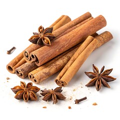 Aromatic cinnamon sticks and star anise isolated on white background, showcasing the beauty of natural spices and ingredients, perfect for culinary and festive themes