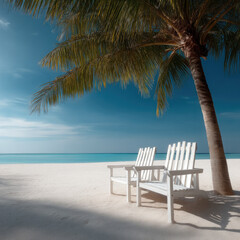 Fototapeta premium Tropical beach white sand palm tree turquoise sea blue sky empty chair summer vacation peaceful tranquil