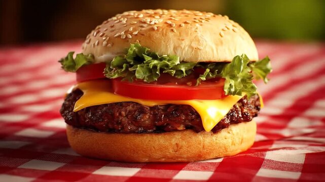 Delicious hamburger with fresh ingredients on red checked tablecloth