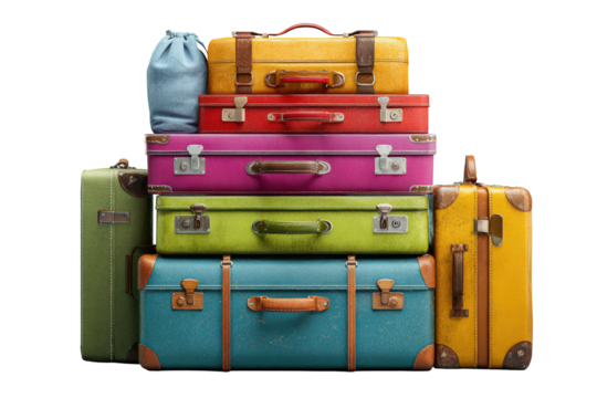 Colorful vintage suitcases stacked high