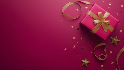 Dark pink Christmas gift with copy space