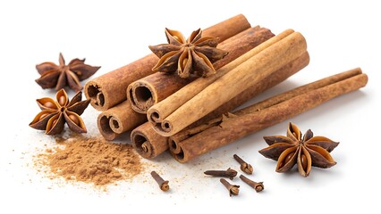 Aromatic cinnamon sticks, star anise, and cloves isolated on white background create a warm and inviting spice blend, perfect for culinary creations and festive decorations