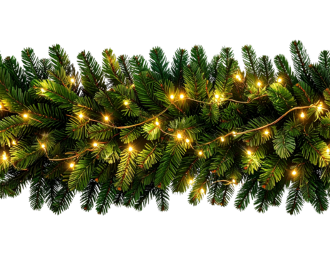 Horizontal Christmas Garland with Golden Lights, Straight Front View, Transparent Background 
