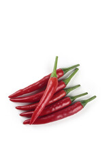 Fresh Red Chili Peppers with Green Stems Isolated on White Background for Cooking and Spice Ingredients