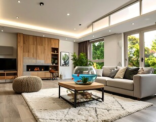 Modern living room with large windows, light wood accents, and a fishbowl on the coffee table