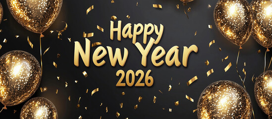 Happy New Year in gold with balloons and fireworks