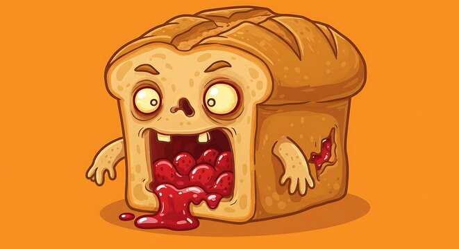 Animated bread creature with open mouth and spilled red jam