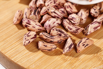 Colorful Purple Streaked Lima Beans on Wooden Board - Healthy Legumes and Natural Protein Source