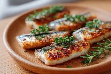 Close-up of Grilled Sardines on Rustic Wooden Plate Garnished with Green Herbs