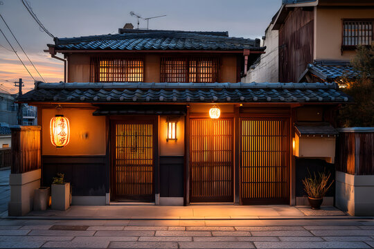 Serene Evening Scene of Traditional Japanese House with Lanterns Illuminated Under Twilight Sky