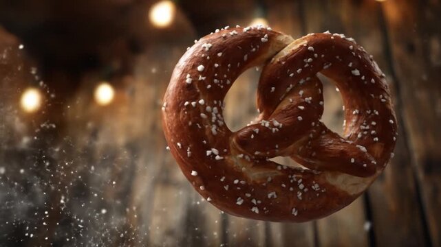 Freshly baked pretzel with salt crystals floating in air on wooden surface