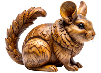 Rustic Hand-Carved Wooden Chinchilla Figurine with Textured Fur Details, Sitting Pose