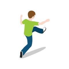 A young boy in a green tshirt and blue jeans performing a dynamic martial arts kick, isolated on a transparent background, showcasing movement and action in a simplified isometric illustration style, 