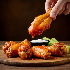 A golden chicken wing dipped into a fiery buffalo sauce, red sauce clinging, rustic bar setting,