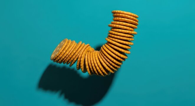 A curved stack of round, golden crackers arranged in a serpentine shape against a vibrant teal blue background - Powered by Adobe