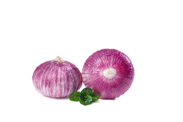 Purple-Skinned Garlic Bulbs with Mint Leaves on White Background - Fresh Cooking Ingredients