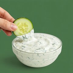 A fresh cucumber slice dipped into a creamy tzatziki sauce, white sauce with dill flecks, soft green background,