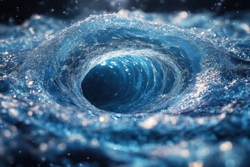 Blue water tunnel with bubbles and light reflections.