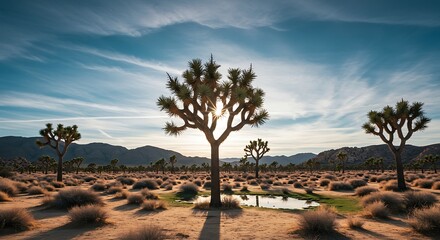 Desert landscape with joshua trees under a vibrant blue sky sunlight
