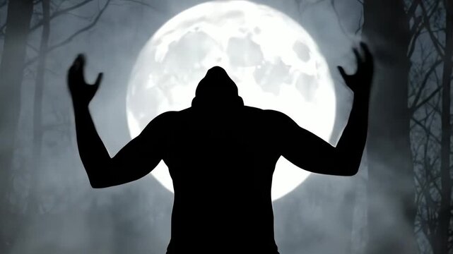 Silhouette in 4k of a werewolf raising its arms under the full moon in a misty forest setting, creating a dramatic and eerie visual effect.