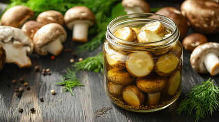 Brown Marinated Button Mushrooms in a Glass Jar, Generative AI