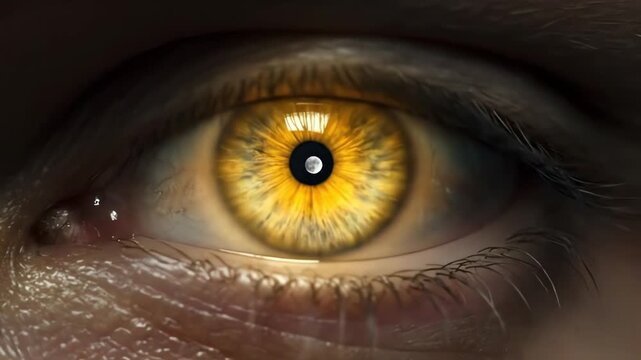 Detailed 4k close-up shows a yellow werewolf eye with visible skin texture, capturing depth of field in a dark, dramatic light emphasizing the iris detail.