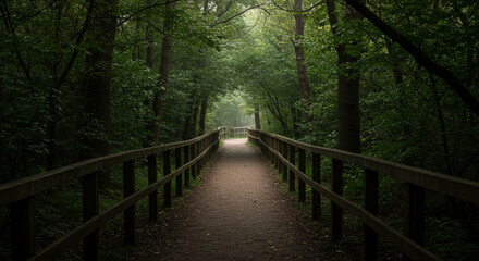 Fototapeta premium Peaceful forest pathway with wooden railings surrounded by lush greenery.