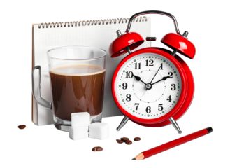 Red Alarm Clock with Coffee and Notebook Isolated on Transparent Background PNG