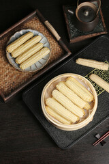 White Glutinous Mini Corn Buds in Bamboo Steamers - Traditional Xishuangbanna Cuisine