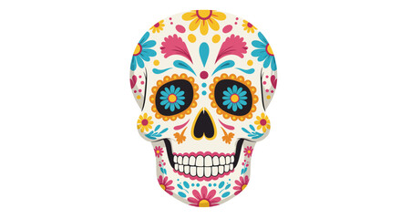 A white skull adorned with colorful flowers for Día de Muertos with black nose and eye sockets and a set of white teeth