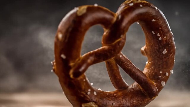Close up of a baked pretzel with salt and flour explosion against a dark background