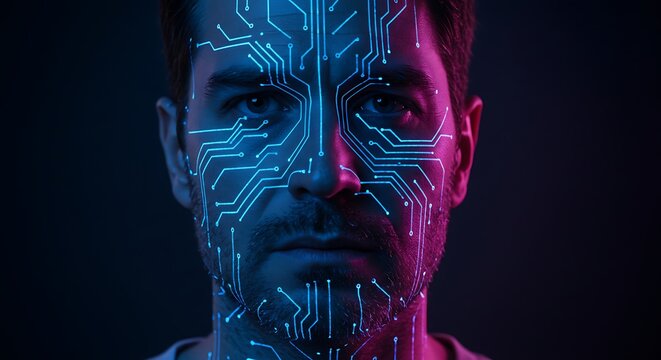 Man with digital circuit board lines across face and skin