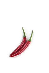 Fresh Red Chili Peppers with Green Stems Isolated on White Background