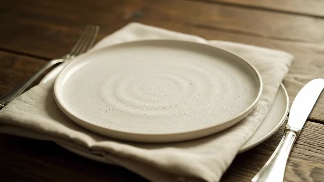 Elegant white plate and silverware set on a wooden table