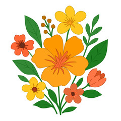 Bright Orange and Yellow Tropical Flower Bouquet Illustration with Green Leaves