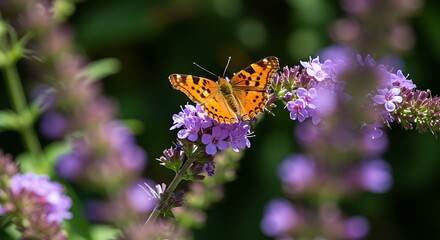 Orange butterfly perched on purple flower blooms with green foliage background