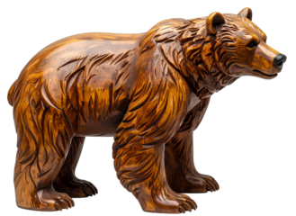 Rustic Hand-Carved Wooden Bear Figurine with Textured Fur, Standing Pose, Side View