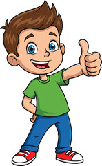 Cheerful cartoon boy with brown hair giving thumbs up, wearing green t-shirt, blue jeans, red sneakers, smiling happy kid character illustration, vector
