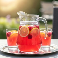 a pitcher of pink lemonade with fresh sliced lemons and raspberries floating inside. The pitcher is sweating with condensation and is placed on a vintage-style tray with two filled glasses beside it.