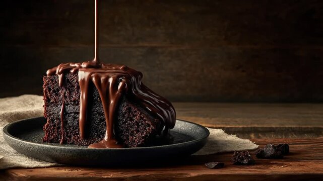 Chocolate cake slice with sauce pouring on plate on wooden surface