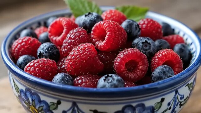 Bowl of Fresh Berries - Raspberries and Blueberries Delight.
