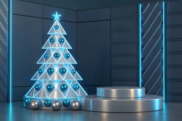 Festive 3D Christmas Scene with Illuminated Tree and Podiums