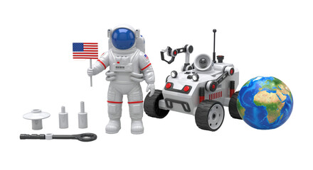 Astronaut figure with flag and rover vehicle
