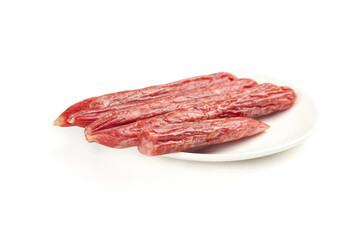 Air-dried Canton Sweet Sausage Slices on White Plate - Traditional Chinese Cured Meat